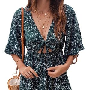 Shein V Neck Ruffle Full Sleeve Romper Tie Front Dalmatian Size 4